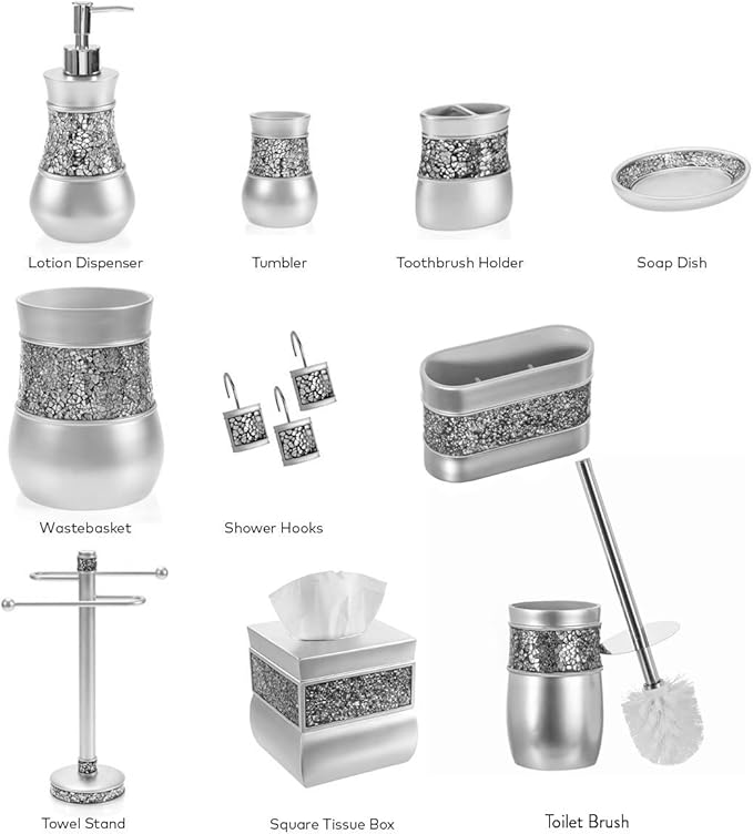 Creative Scents Crackled Glass Silver Toothbrush and Toothpaste Holder for Bathroom - Decorative Bathroom Counter Electric Toothbrush Organizer, 3 Slot, Makeup Brush Holder