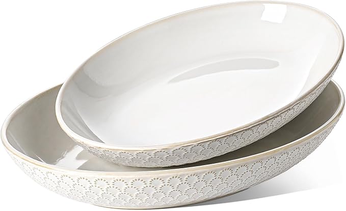 LE TAUCI Ceramic Serving Bowls Set of 2, Large Oval Serving Dishes for Entertaining, 11.8 & 13.7 Inch Salad Bowl for Kitchen Counter, Fruit Bowl, Pasta Bowls, Microwave and Dishwasher Safe - White