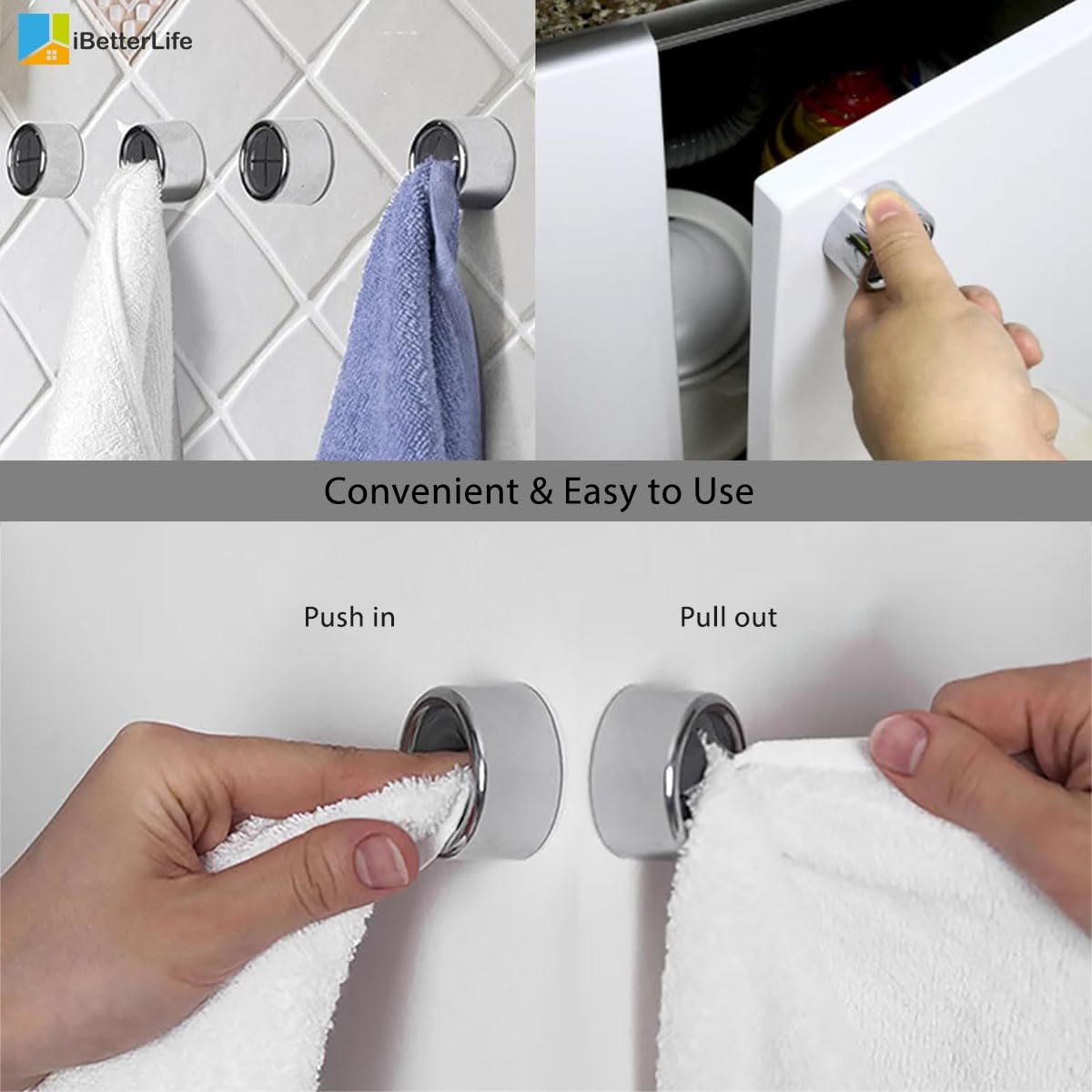 iBetterLife Adhesive Kitchen Towel Hooks - 4 Pack Dish Towel Holder for Cabinet, Push Hand Towel Hook, Dish Cloth Rag Holder for Home Bathrooms, Kitchens, Garages, RV, Within Easy Reach, Matte Black