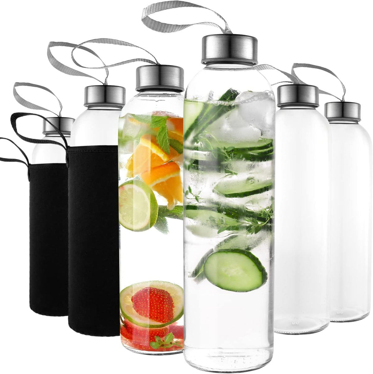 16 Ounce Glass Water Bottles, Reusable Water Bottles with Airtight, Pack of 12, Stainless Steel Lids Carrying Strap And Nylon Water Bottle Protective Sleeves for Hot Or Cold Drinks