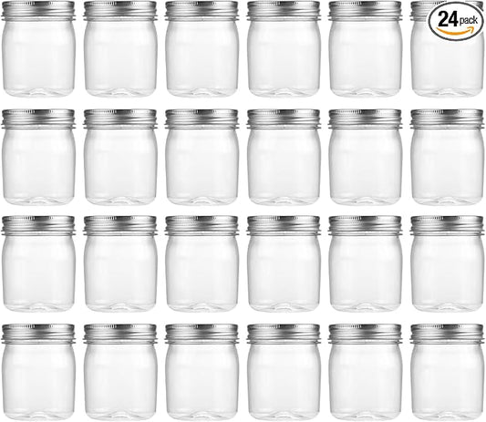 novelinks 8 oz Clear Plastic Jars with Airtight Lids, 24 Pack Plastic Mason Jars with Lids 8oz, Refillable Storage Slime Containers & Small Spice Jar for Kitchen Organization (24 Pack,Silver)