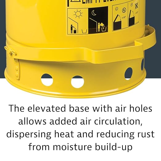 Justrite 14 Gallon Galvanized Steel Oily Waste Can, 20" x 16" Metal Oil Rag Safety Can with Foot Operated Self-Closing Lid for Oil Rag Disposal, Made in The USA, Yellow, 09501
