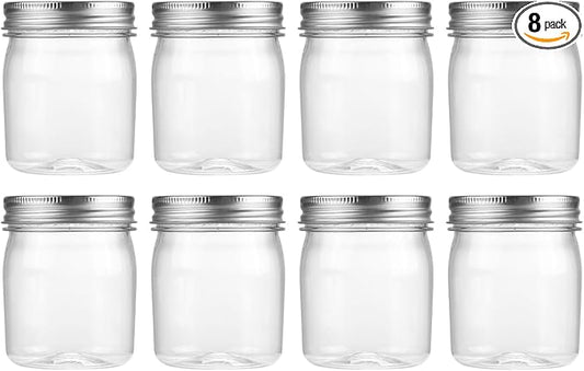 novelinks 8 oz Clear Plastic Jars with Airtight Lids, 8 Pack Plastic Mason Jars with Lids 8oz, Refillable Storage Slime Containers & Small Spice Jar for Kitchen Organization (8 Pack,Silver)