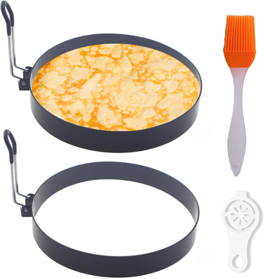 Pancake Ring for Griddle,2 Packs 6 Inch Egg Pancake Maker,Omelette Rings for Griddle,Non-stick Stainless Steel Crumpet Ring,Egg Muffin Rings Fried Egg Ring Pancake Shaper with Sinlicone Handle Grill