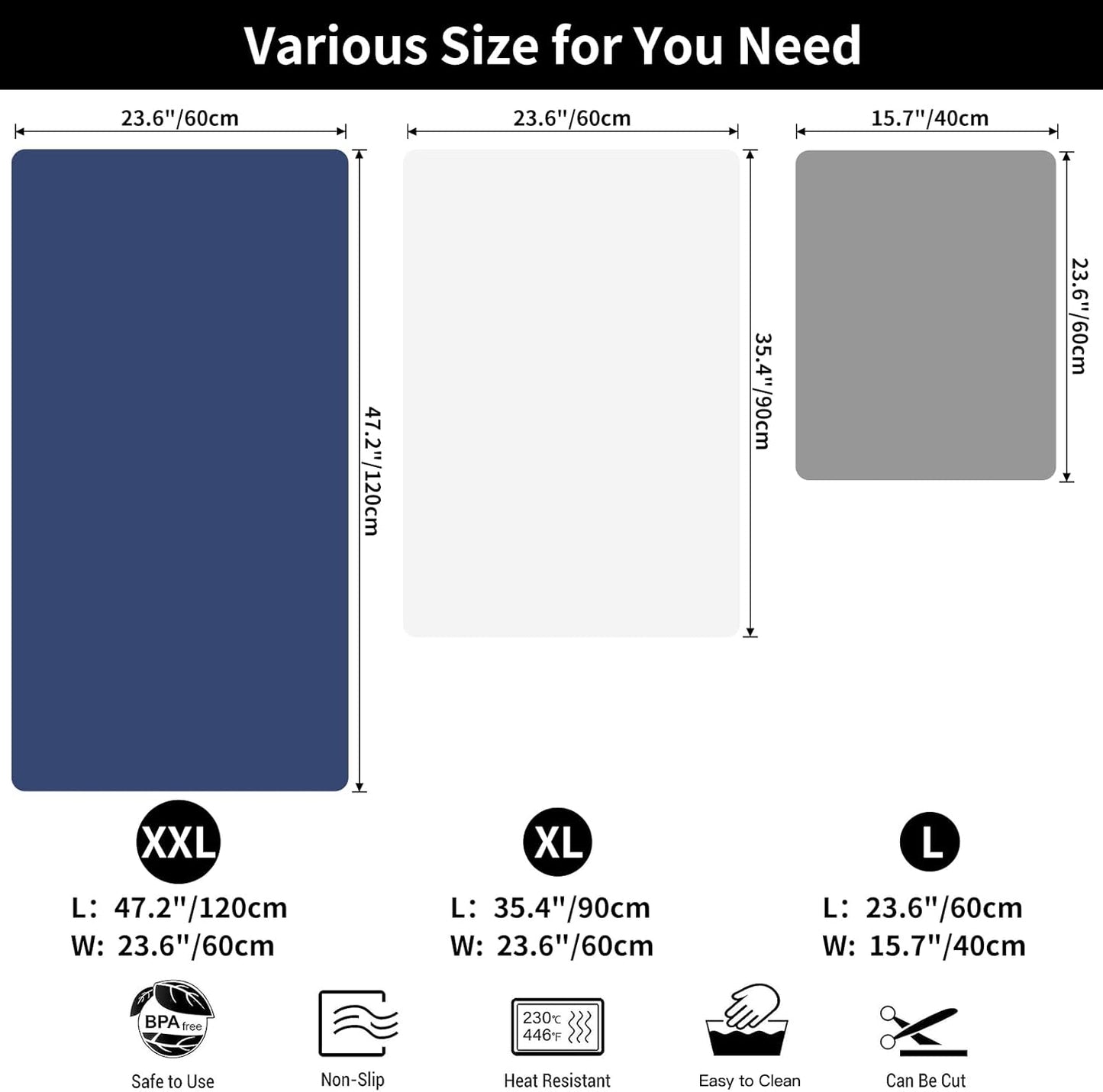 2MM Extra Thick Large Silicone Mat, 47.2"x23.6"*0.08" Silicone Mats for Kitchen Counter, Non-slip Heat Resistant Mat, Kitchen Counter Mat, Waterproof Countertop Protector for Craft (Bright Blue)