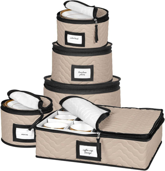 China Storage Containers 5-Piece Set Moving Boxes for Dinnerware, Glasses, Plates, Mugs and Saucers Sturdy Quilted Microfiber Dish Organizer with Dividers for Seasonal Storage - Brown
