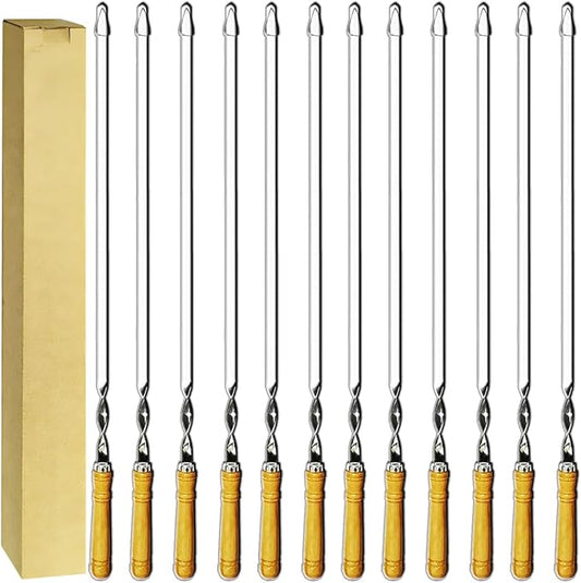 Antallcky 12 Pack Kebab Skewers 22 Inch BBQ Barbecue Skewers Stainless Steel Sticks Heavy Duty Large Wide Reusable with Nonslip Wooden Handle Ideal for Shish Kabob Chicken Shrimp and Vegetables