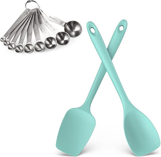U-Taste 18/8 Stainless Steel Measuring Spoons Set of 9 and 600ºF Heat Resistat Silicone Flexible Baking Spoon Spatula & Cooking Scoop Spoonula (Aqua Sky)