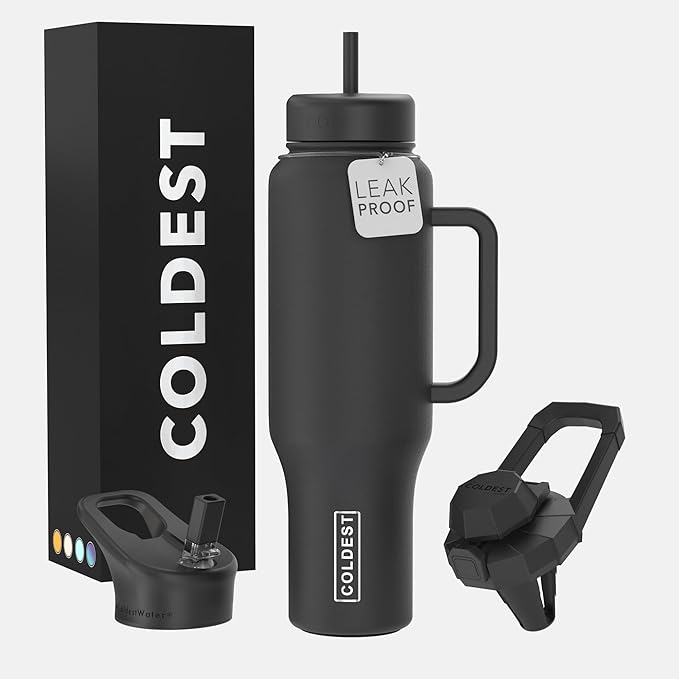 Coldest Tumbler with Handle and Straw - 100% Leak Proof Insulated Tumbler with Lid and Straw (3 Lids) - Stainless Steel Tumblers for Women & Men - Cup Holder Friendly Base, 46 oz (Stealth Black)
