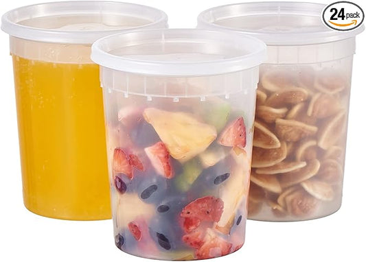 [32 oz. -24 Sets ] Plastic Deli Food Storage Soup Togo Containers With Airtight Lids Clear Disposable Takeout Quart Container Freezer Safe | Meal Prep | Stackable | Leakproof | BPA Free | Microwavable