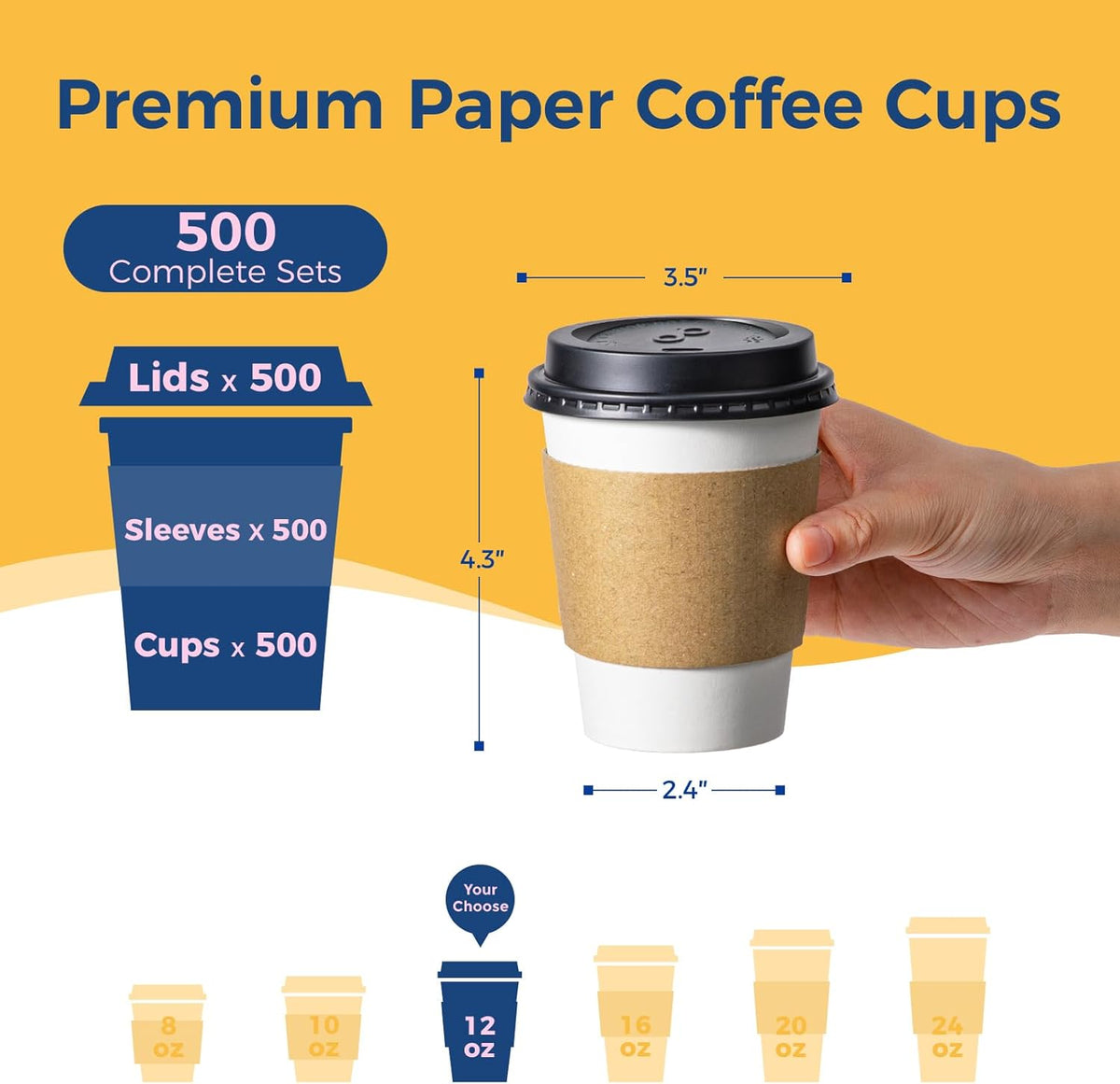 Fit Meal Prep 500 Pack 12 oz Disposable Coffee Cups with Lids, Sleeves, Leak-Proof To Go Coffee Cups with Lids, Durable Paper Cups for Hot Beverage, Home, Office, Party