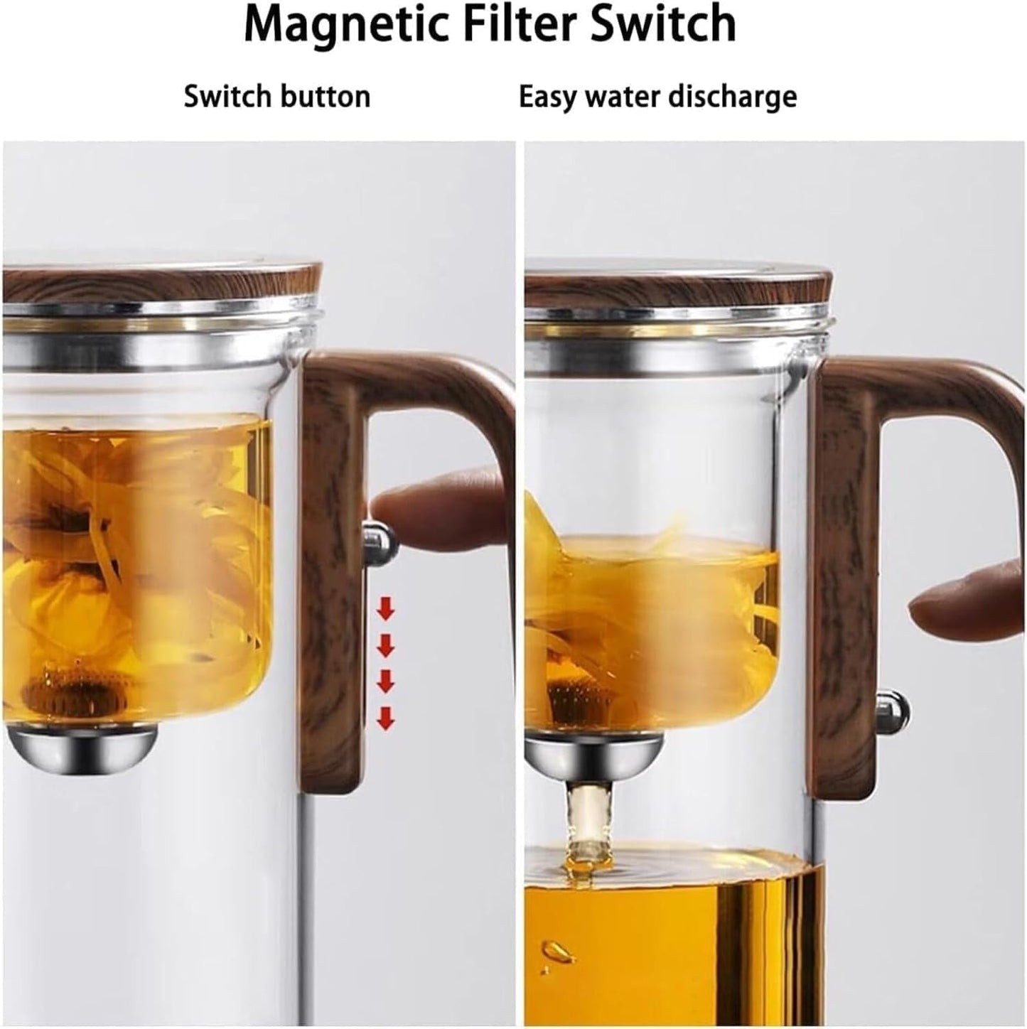 Enchanti Magic Tea Pot, 900ML Water Separation Glass Teapot with Wooden Handle, Press Control Enchanti Tea Infuser with Strainer for Loose Leaf Witchcraft Tea Kettle