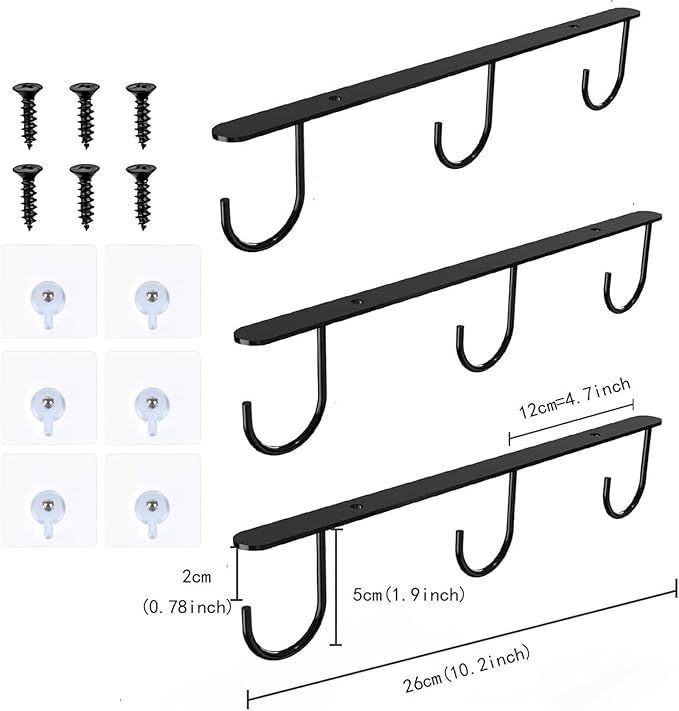 3pcs Under Cabinet Mug Hooks,Adhesive/Screw 2 Ways Install Mug Holder,Coffee Cups Hook with 9 Hooks,Mug Organizion Rack for Displaying Mugs/Cups/Kitchen Utensils (Black)
