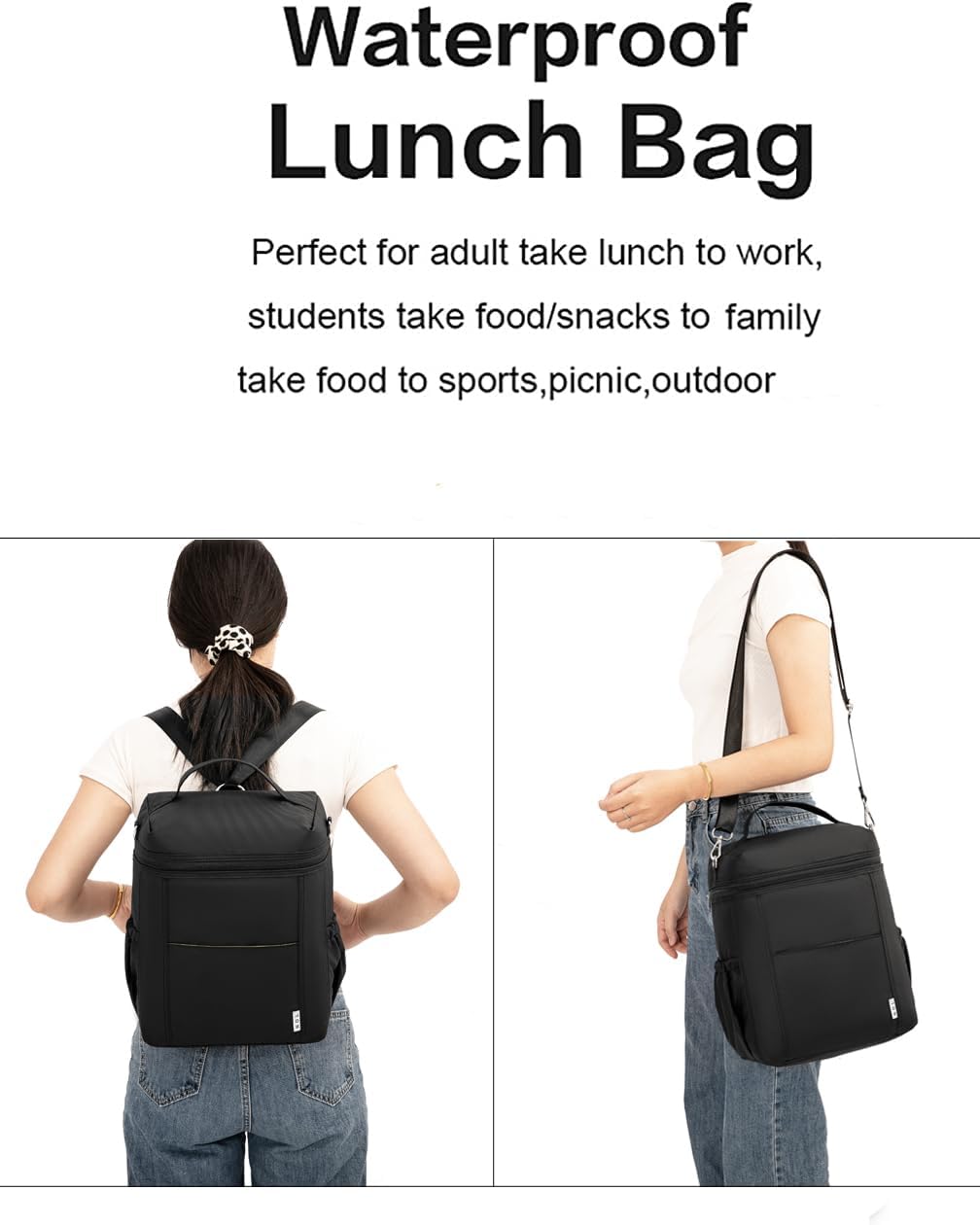NOL Natural Organic Lifestyle Insulated Lunch Bags for Women Cooler Bag Lightweight Nylon Waterproof Lunch Box For Work (Black, Large)