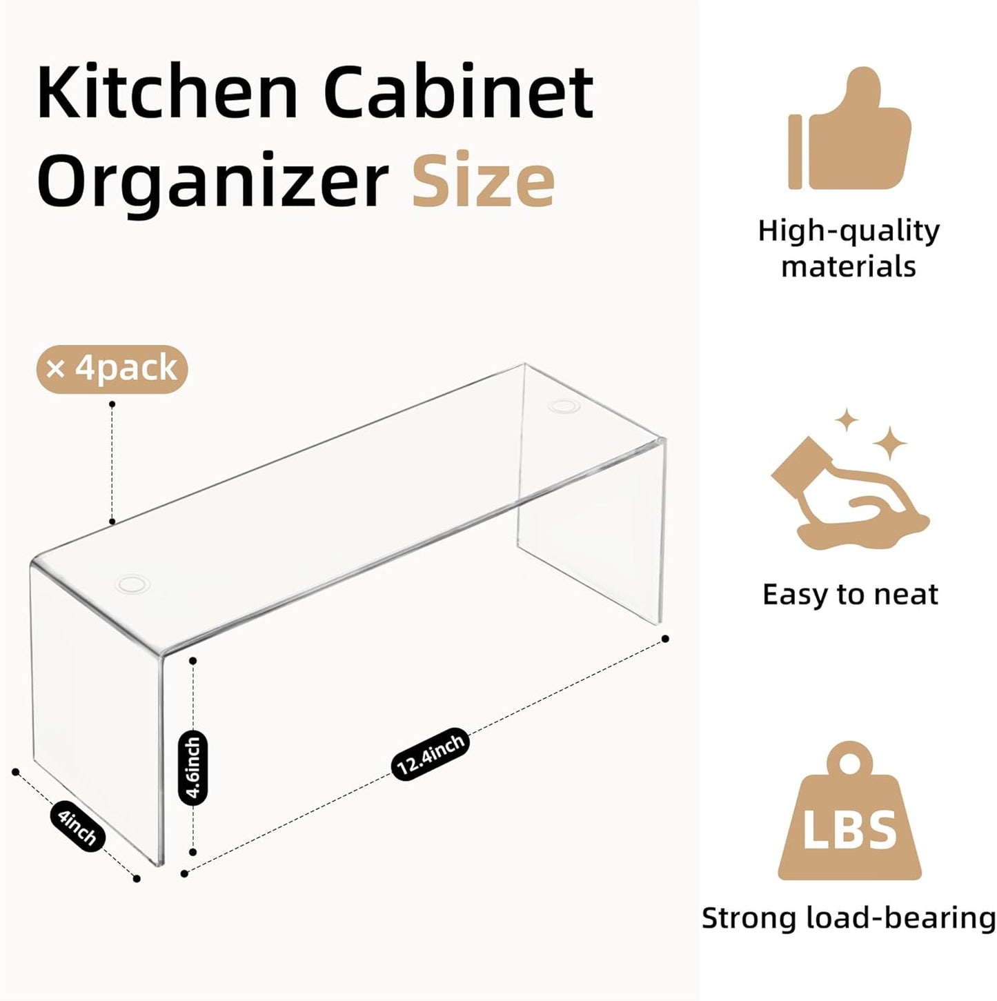 4 Packs Cabinet Organizer Shelf, Acrylic Kitchen Counter Shelves Organizer, Spice Rack for Dishes, Spices, Soda Cans and Bottles（12.4 x 4 x 4.6 inch）