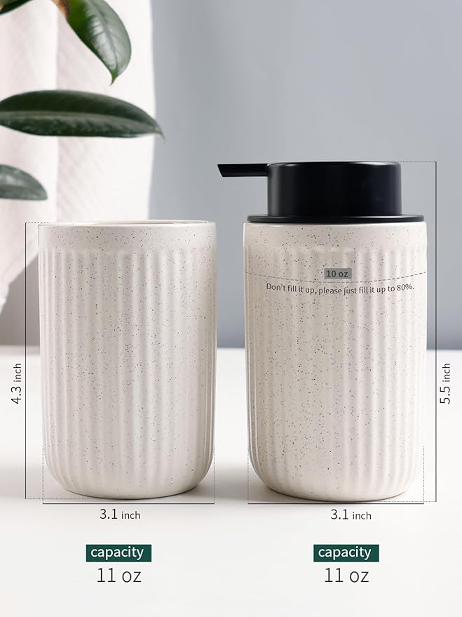 Bosilunlife Soap Dispenser and Toothbrush Holder Set - Dish Hand Soap Dispenser Bathroom Set Ceramic Bathroom Counter Soap Toothbrush Holder Set Beige Bathroom Accessories Set