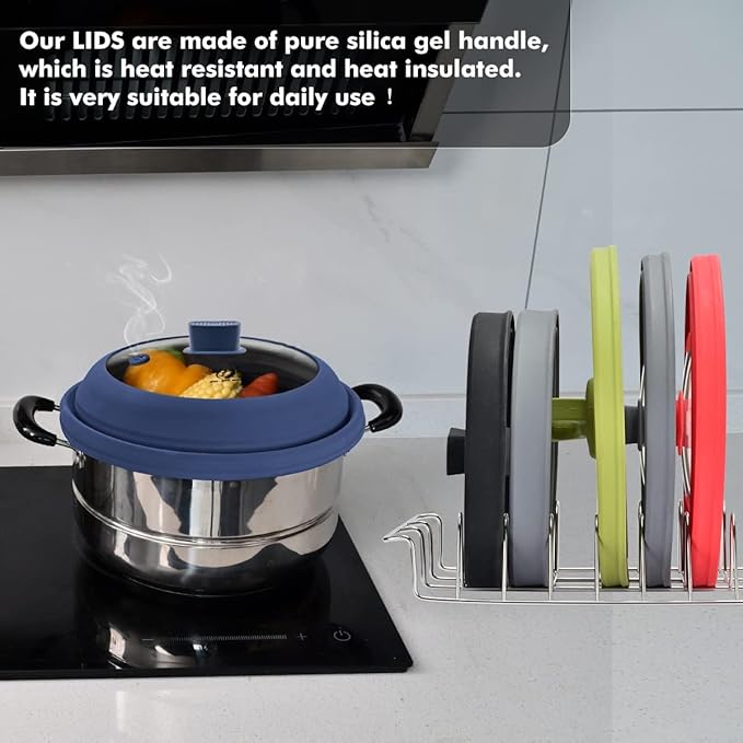 Microwave Splatter Cover Glass Cover Guard Lid with Collapsible Silicone for Food Pot Plate Cover 10.8 inch Dark Blue
