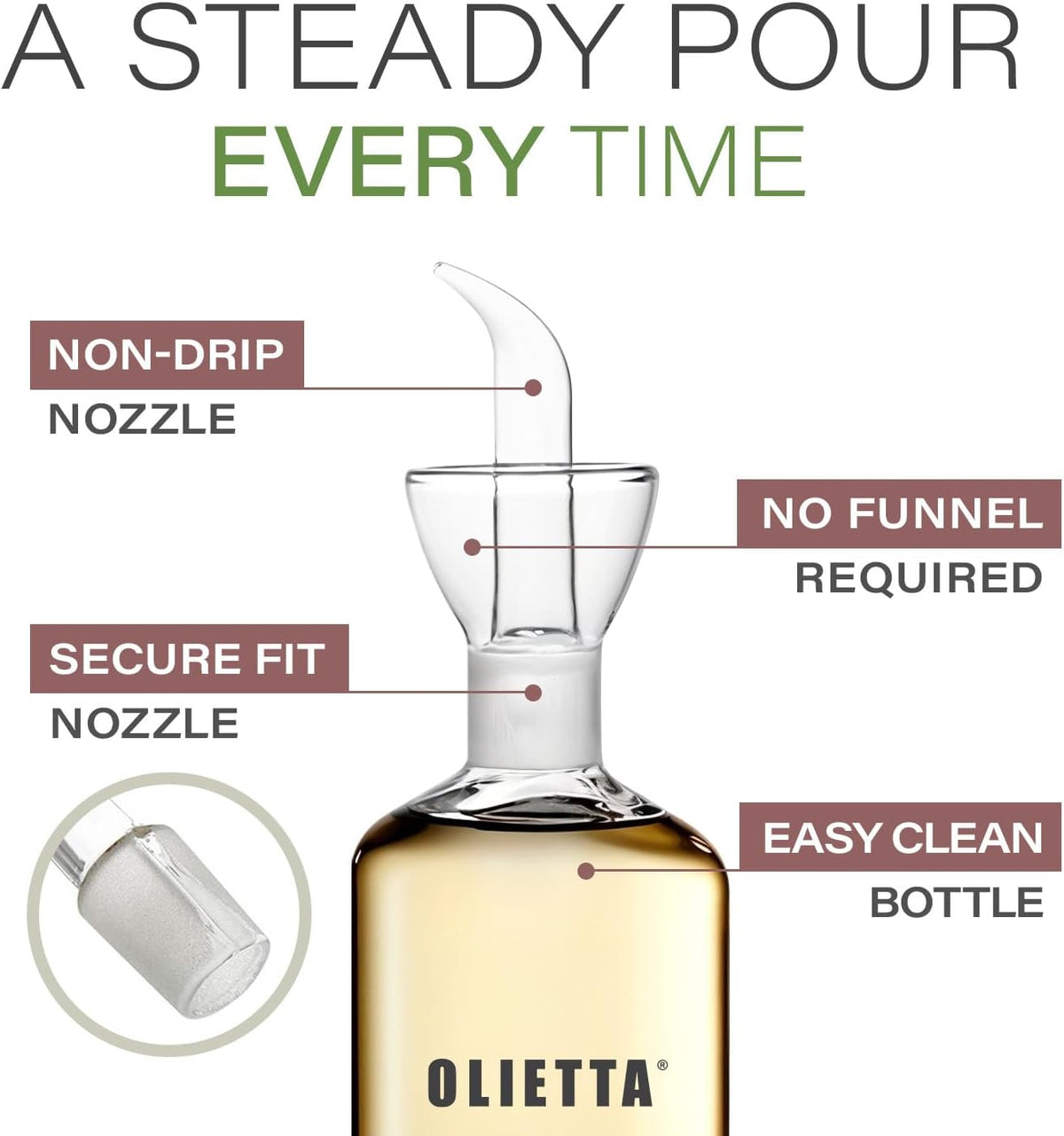 Olive Oil Dispenser Bottle Borosilicate Glass - 4.2 oz 125ml Non Drip Dispenser - Leak Proof Pourer Vinegar Drizzler Cruet - Easy Clean Drip Free Bottles for Kitchen
