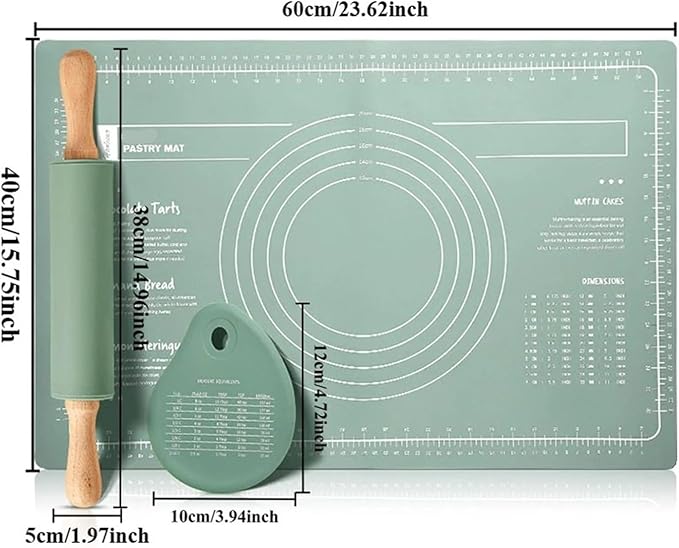 Silicone Measuring Kneading Pad Set Household Rolling Pin Dough Large Thick Non-slip Non-stick Bottom Baking Tool(Kneading pad green)