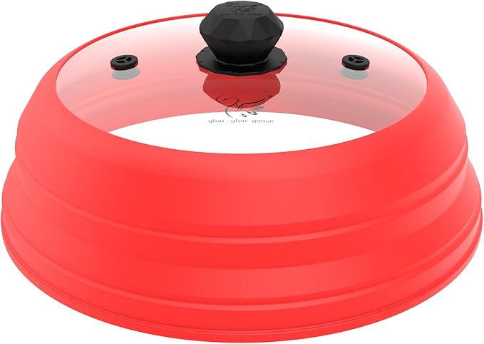 Microwave Splatter Cover Vented Glass Splatter Guard Lid with Collapsible Silicone for Food as Pot Cover 11.8 inch Large Plate for 6 7 8 9 10 11 inch Plate Bowl Red