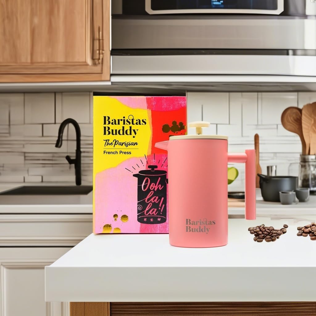 Cute Pink French Press Coffee Maker - Colorful, Retro And Stylish Insulated Coffee Brewer - Large Size Brews 4 Cups