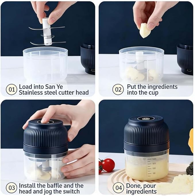 Electric Garlic Chopper, Mini Portable Veggie Cutter with 4/6 Stainless Steel Blades, Portable Wireless Rechargeable Mini Electric Garlic Food Chopper for Garlic, Onion, Chili, Nuts (2PCS-B,320ML)