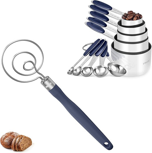 U-Taste 18/8 Stainless Steel Measuring Cups and Spoons Set of 10 and 12.6in Stainless Steel Danish Dough Whisk (Midnight Blue)