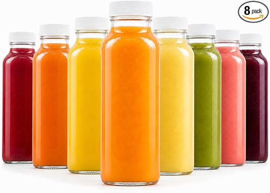 kitchentoolz 8oz Square Glass Juice Shot Bottle with Lid – 8 Pack 8 oz Milk Glass Bottles with Lids for Lunch Box, Airtight Reusable Drinking Jars for Smoothies, Yogurt, Kefir, Juice & Water