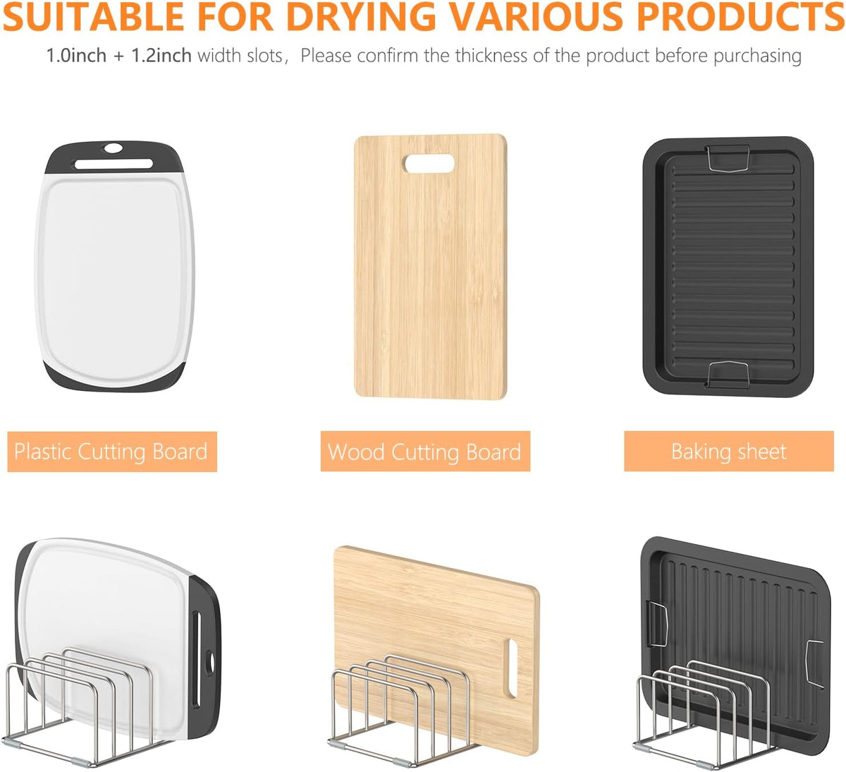 Cutting Board Holder Stand, Chopping Board Storage Rack, Cutting Board Organizer, 304 Stainless Steel Chopping Board Holder, Cookie Sheets Organizer 1.0+1.2 Inch Width Slots (2 PCS)