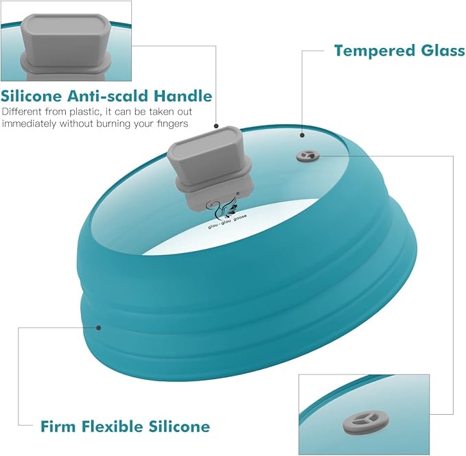 Microwave Splatter Cover Glass Cover Splatter Guard Lid with Collapsible Silicone for Food Cover Plate Cover 10.8 inch Blue