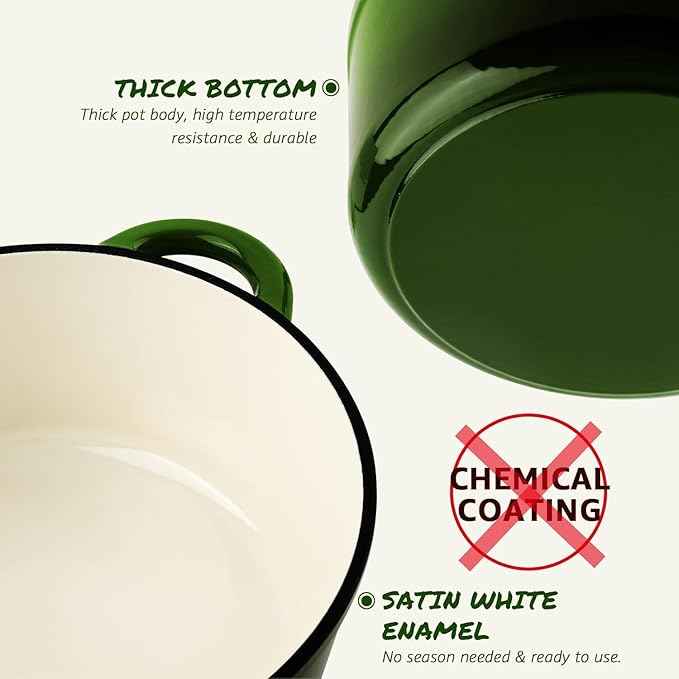 Overmont Enameled Cast Iron Dutch Oven - 5.5QT Pot with Lid Cookbook & Cotton Potholders - Heavy-Duty Cookware for Braising, Stews, Roasting, Bread Baking Green