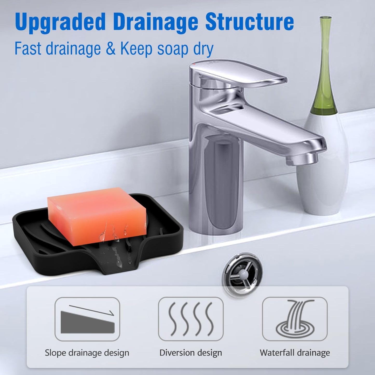 3-Pack Silicone Soap Dish, Bar Soap Holder, Soap Dishes for Bar Soap, Easy to Clean, Self Draining Soap Tray for Shower, Bathroom, Kitchen, Bathtub, Keep Soap Dry, Save Soap (Black)