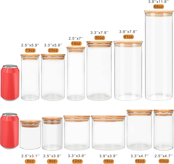 Glass Food Storage Containers Jars with Airtight Bamboo Lid 12 oz 9 pcs, 340 ml Pantry Organization Jar, Glass Terrarium with Lid, Spice, Flour and Sugar Container, Canister Set for Kitchen Counter
