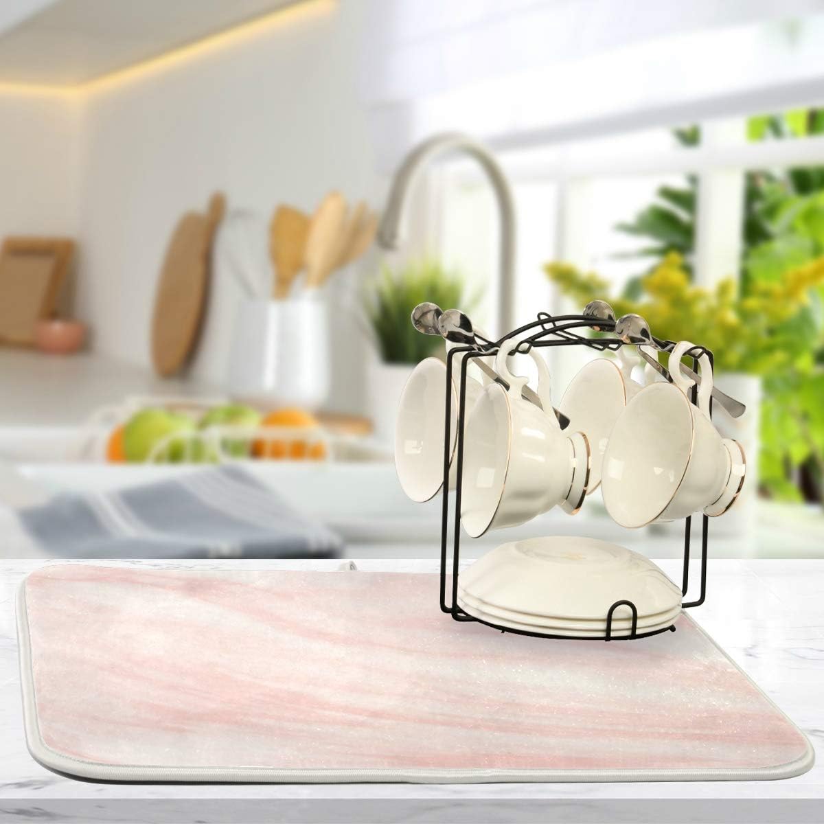 Super Absorbent Dish Drying Mat, Microfiber Fast-Drying Dish Mat, 24" x 18", Kitchen Dish Drying Pad, Pink Coral Marble