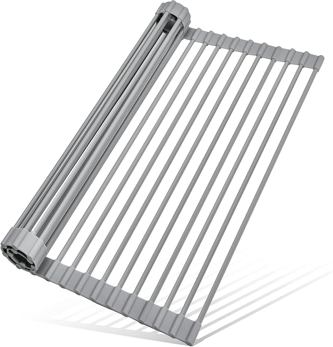 MERRYBOX Roll Up Dish Drying Rack, Silicone Wrapped Over The Sink Dish Rack Foldable Dish Drainer Anti-Slip Dish Racks for Kitchen Counter, Multipurpose Kitchen Sink Drying Rack, 18" x 13", Light Gray