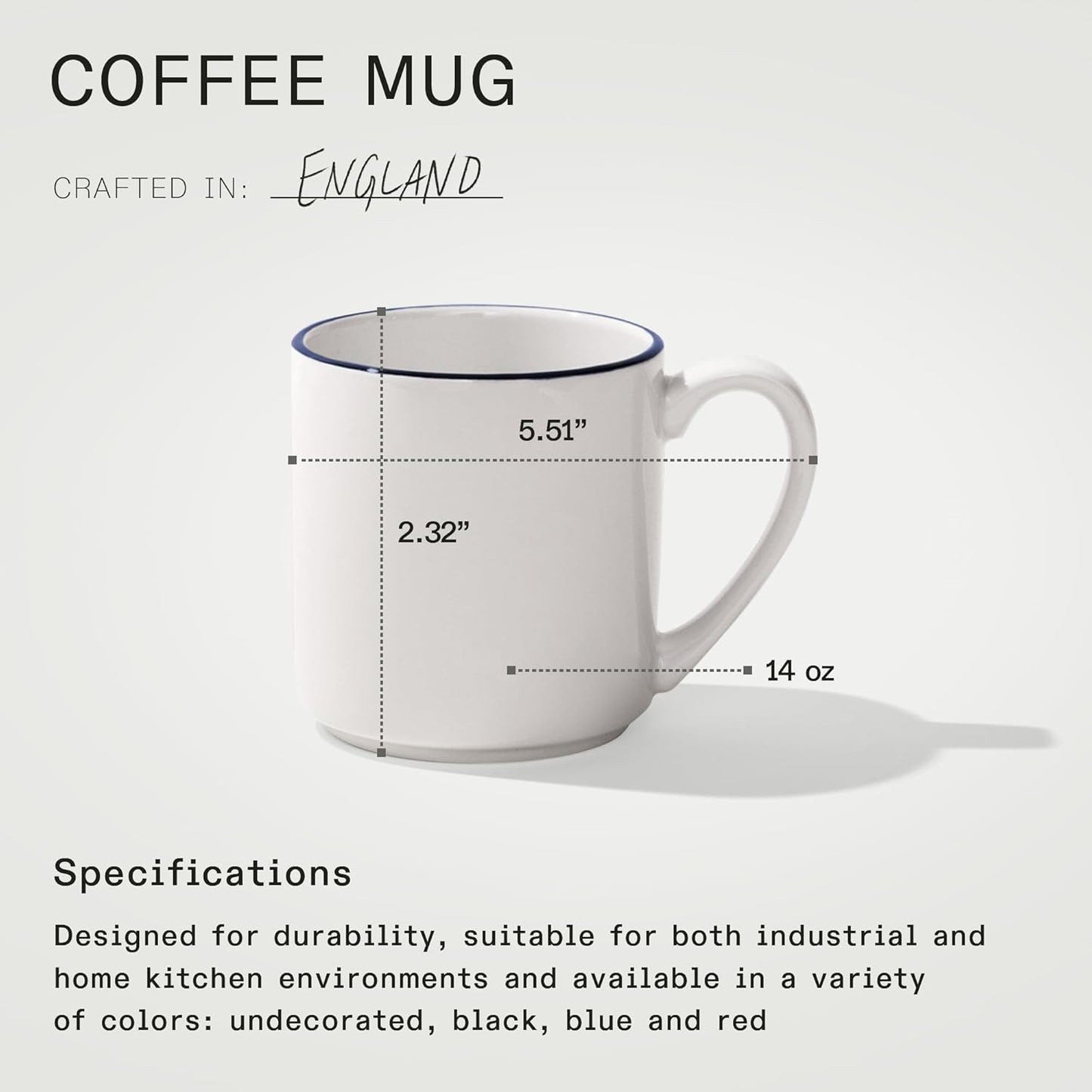 Made In Cookware - Set of 4 - Coffee Mug Set - 12 oz - White With Navy Rim - Porcelain - Crafted in England - Dishwasher and Microwave Safe