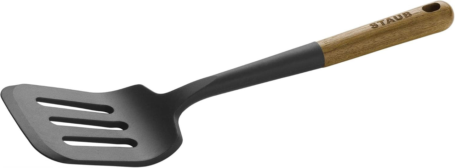 STAUB Cast Iron Set 4-pc, Stackable Space-Saving Cookware Set, Dutch Oven, Skillet, Grill Pan & Silicone Spatula Turner, Perfectly Angled for Lifting Pancakes, Sandwiches