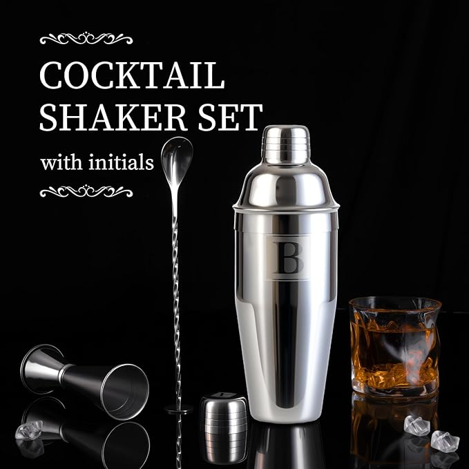 24oz Cocktail Shaker Set with 1 oz 2oz Jigger - Monogramm Initials Martini Shaker Set - 304 Stainless Steel Bar Shaker for Margarita,Mojito-Personalized Gift for Friend,Husband-J