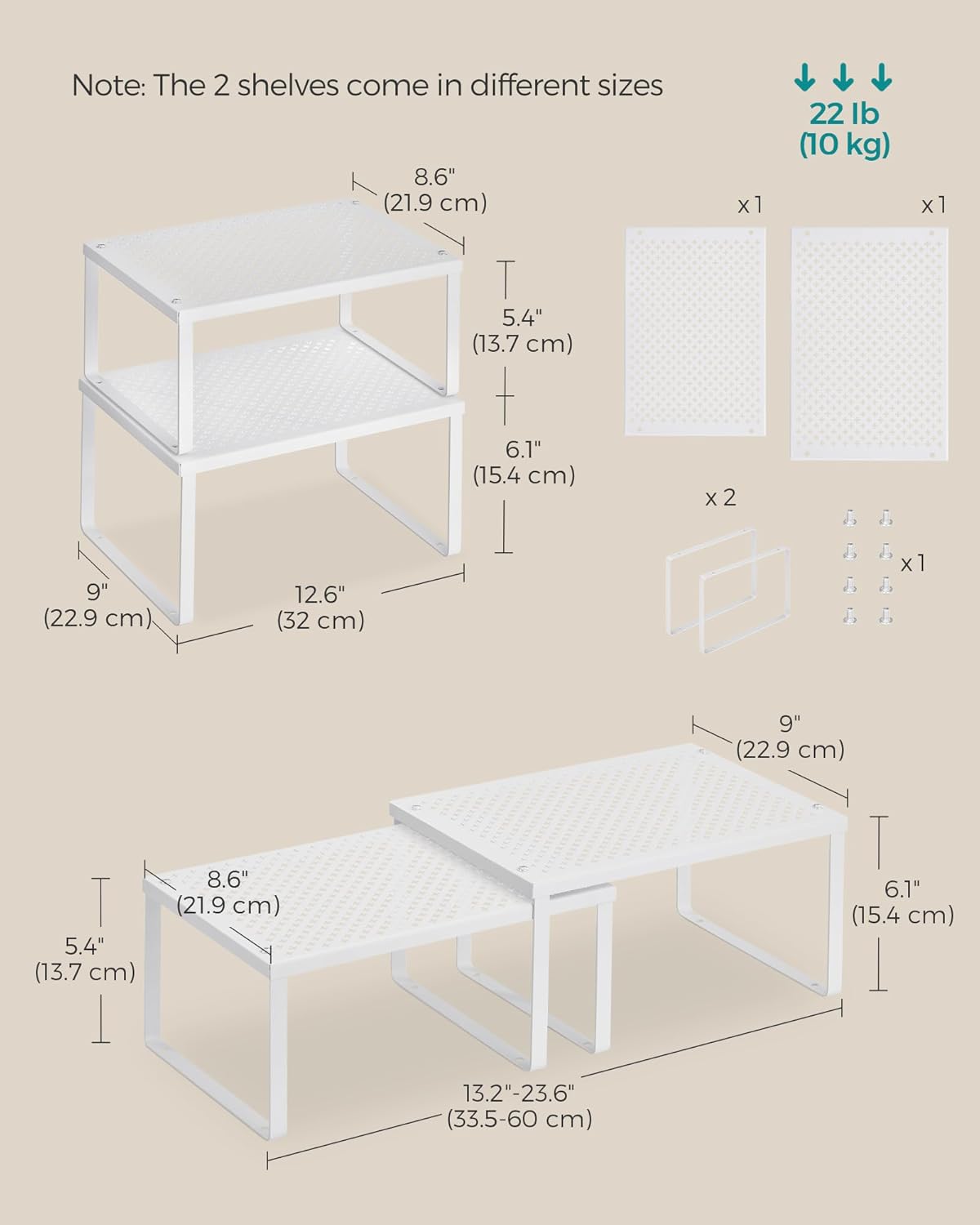 SONGMICS Spice Racks, Set of 2 Metal Cabinet Shelf Organizers, Countertop Organizers, Shelf Risers, Stackable, Expandable, White UKCS01WT