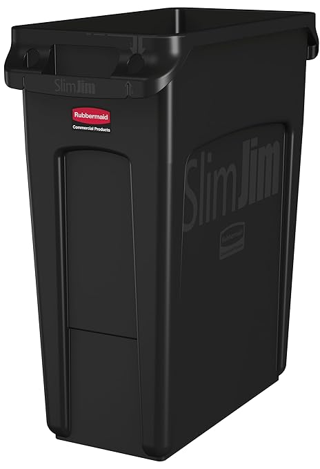 Rubbermaid Commercial Products Slim Jim Plastic Rectangular Trash/Garbage Can/Bin with Venting Channels, 16 GAL, Black, for Kitchens/Classrooms/Offices/Back of House