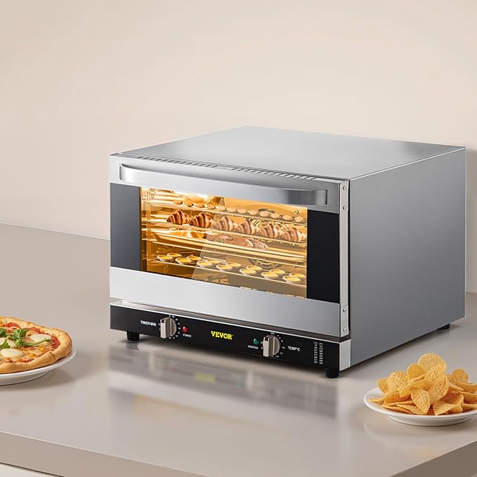 VEVOR Commercial Convection Oven, 47L/43Qt, Half-Size Conventional Oven Countertop, 1600W 4-Tier Toaster w/Front Glass Door, Electric Baking Oven w/Trays Wire Racks Clip Gloves, 120V