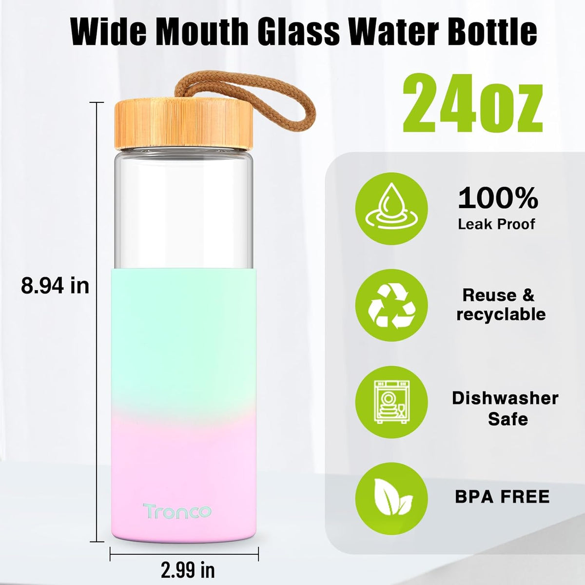 Tronco 24oz Glass Water Bottles with Bamboo Lid & Silicone Sleeve, Leak Proof, BPA Free, Reusable Borosilicate Glass Bottles for Juicing, Smoothies, Juice & Water, for Men & Women Gym, Office, Travel
