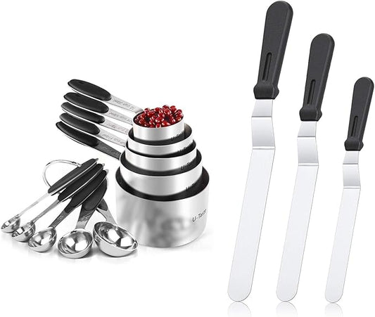 U-Taste 18/8 Stainless Steel Measuring Cups and Spoons Set of 10 and Stainless Steel Offset Icing Spatula Set (Black)