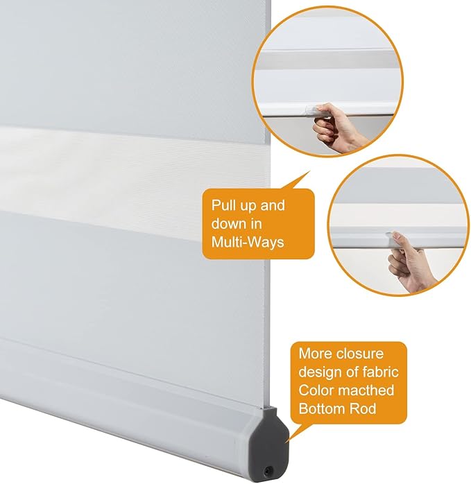 Persilux Zebra Blinds for Windows, Cordless Roller Shades for Windows Room Darkening Roller Blinds (60" W x 72" H, White) Light Control for Day and Night Light Filtering Sheer Shades for Home