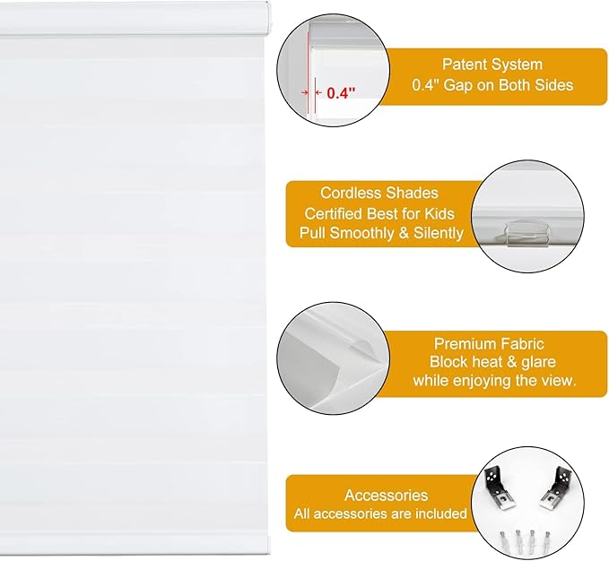 Persilux Cordless Zebra Blinds for Windows, Free-Stop Room Darkening Window Blinds (40" W x 72" H, White) Light Control for Day and Night, Privacy Protection Window Treatments Roller Shades for Home