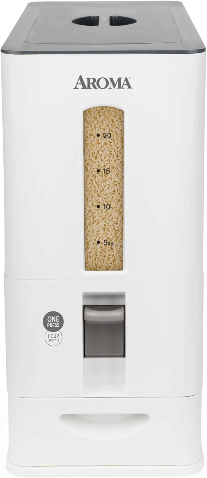 Aroma Housewares 27lbs Large Rice Dispenser, 7.25 x 16.5 x 16.5 inches, White