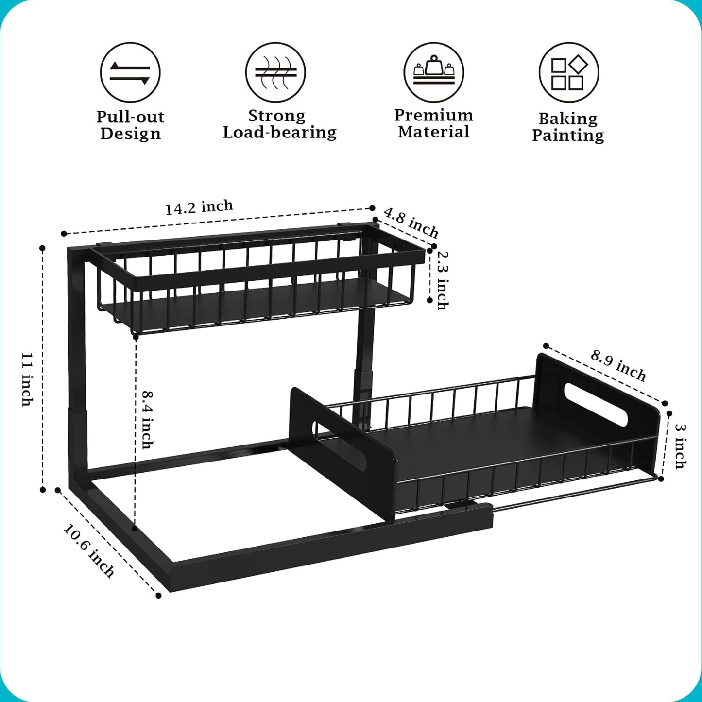 REALINN Under Sink Organizer, Pull Out Cabinet Organizer Slide Out Sink Shelf Cabinet Storage Shelves, Storages for Kitchen Bathroom, Black, 2 Pack