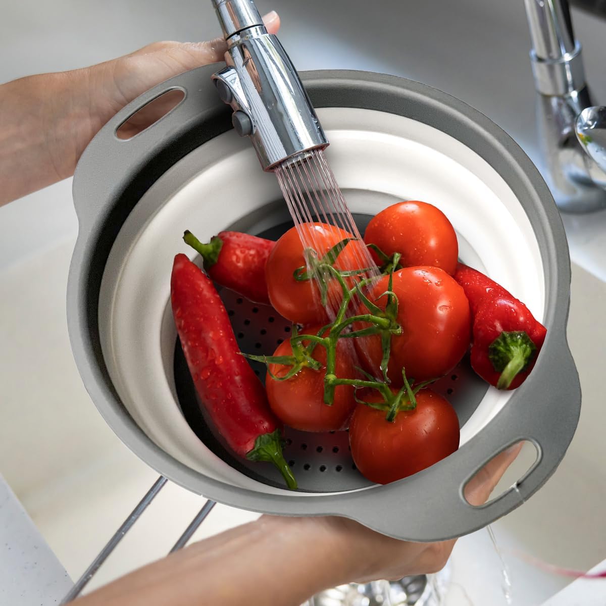 Glad Collapsible Colander Strainer - 2L | Small Pasta Drainer for Kitchen, Vegetables, and Fruit | Round Plastic Foldable Draining Basket for Easy Storage,Grey (Pack of 6)