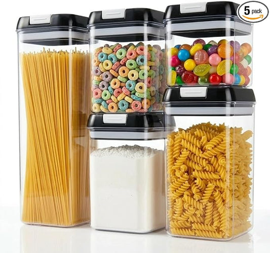 OMIO Airtight Food Storage Containers 5-Pack, BPA-Free Stackable Kitchen Canisters for Pantry Organization – Perfect for Cereal, Grains, Flour, Sugar, Snacks (1.9L, 1.2L, 0.8L x2, 0.5L)
