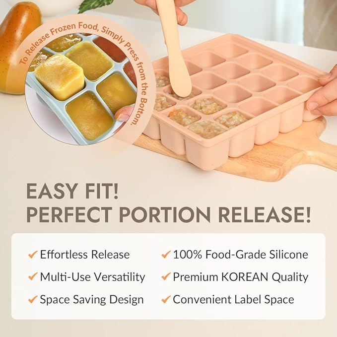 Baby Food Storage Silicone Cubes with Clip-On Lid Freezer Tray Baby Food Soups Purees Ice Safe Design Made in Korea (12cubes 1.5oz, Celadon Green Set of 2)
